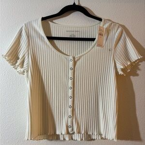 American Eagle Outfitters Cream Ribbed Button-Up Blouse